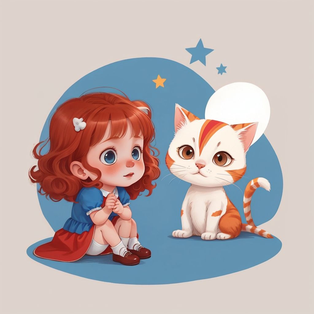 Lucy admiring Bowie the Cat, pointing at his different colored eyes. A warm expression on Bowie's face.