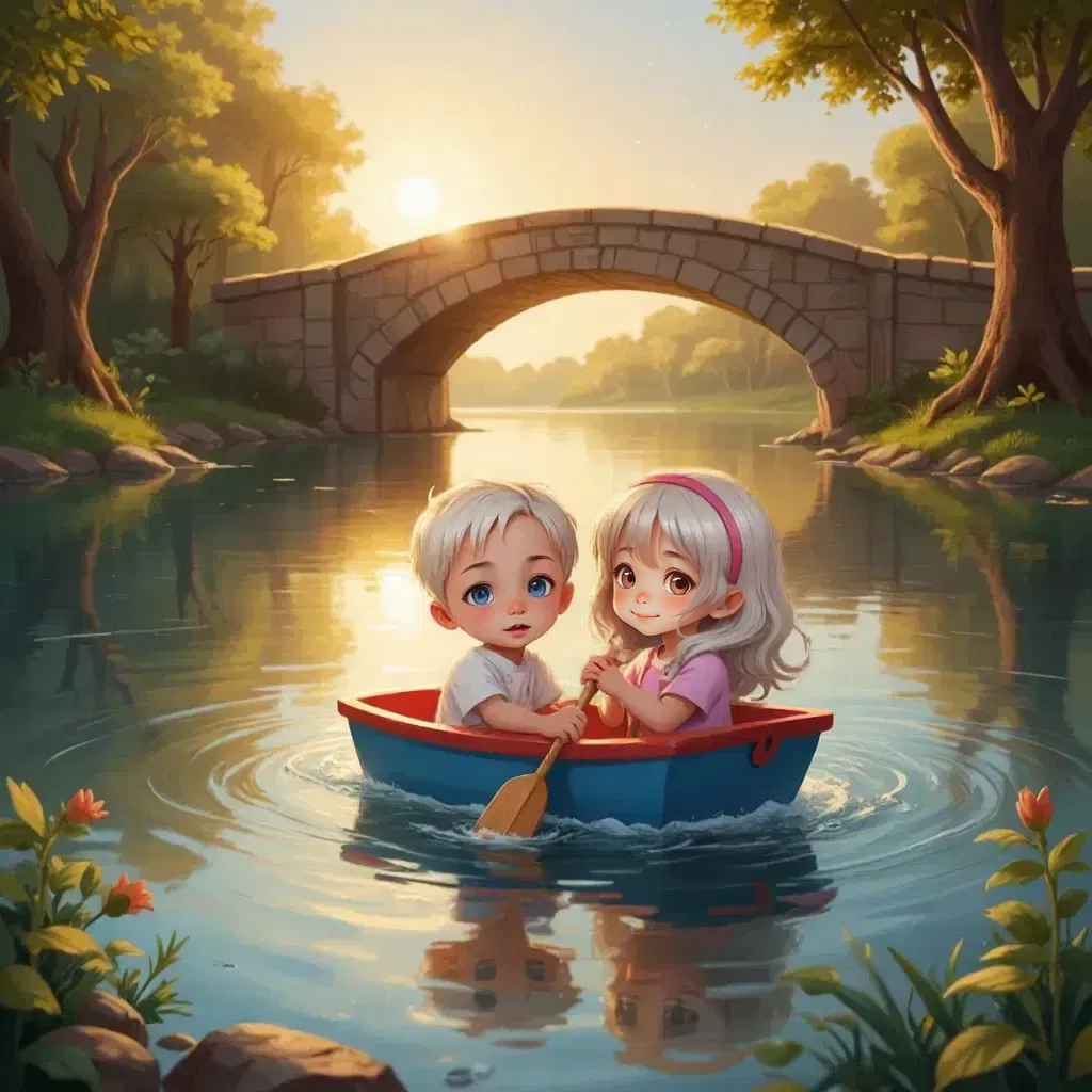 A stone bridge in the distance, with Isaac and Zoe holding a paddle  in a bright blue and red paddle boat on a sparkling lake , sunset