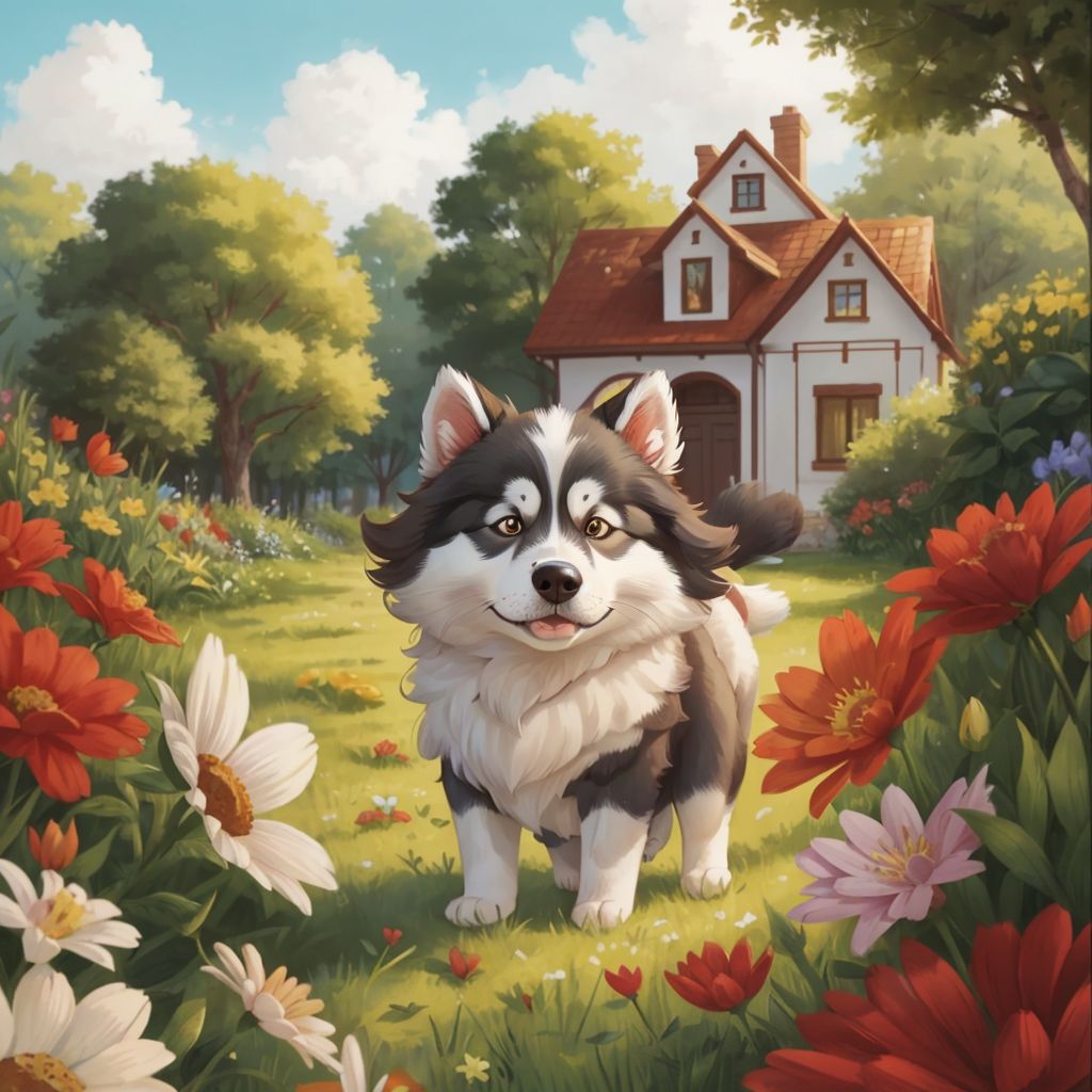 Taiga Tu being carried by Kaden across a green lawn. A pretty house with colorful flowers in the background.
