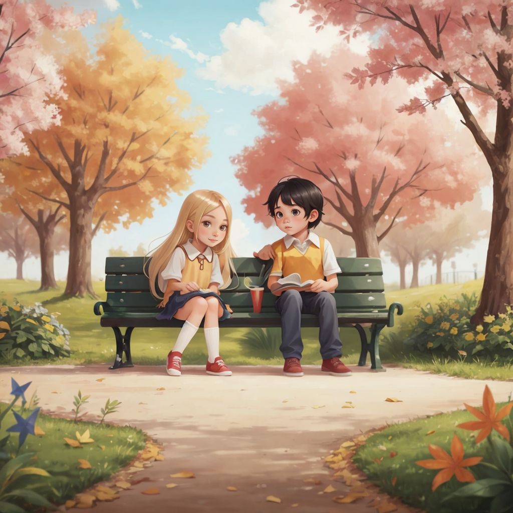 Ellie and Max sitting together on a park bench, looking happy