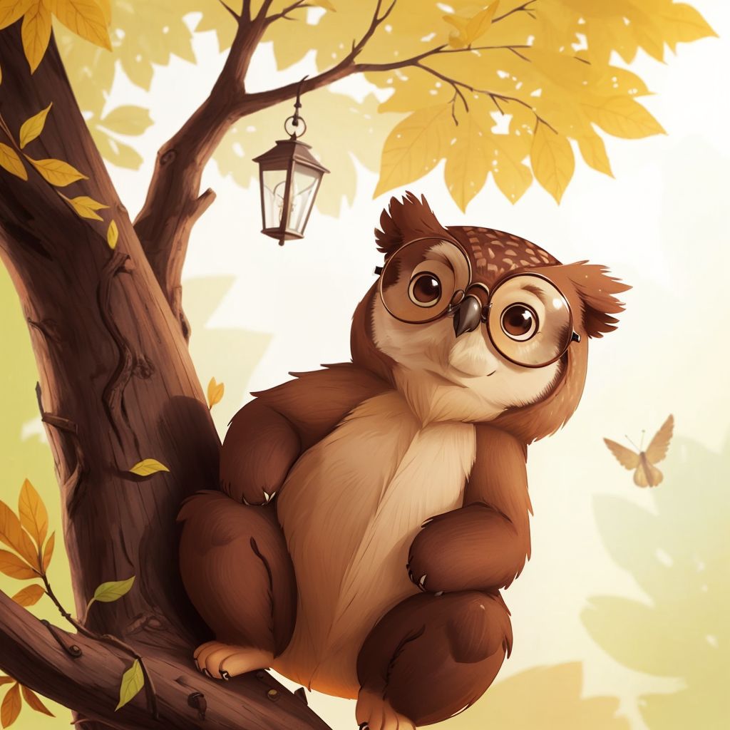 A wise brown owl with spectacles perched on a tree branch, speaking to Kuschi who looks up with hopeful eyes