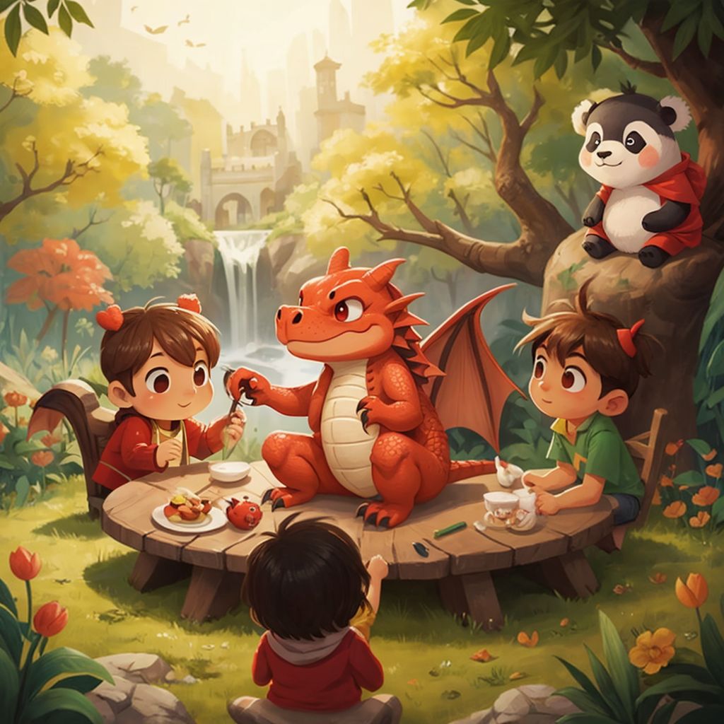 Bixi surrounded by friends in the garden, all enjoying wontons, with the wise panda smiling in the background.
