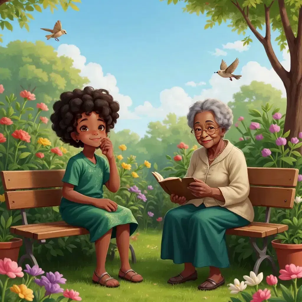 Zora and Grandma sitting on a garden bench, Zora listening intently to a story