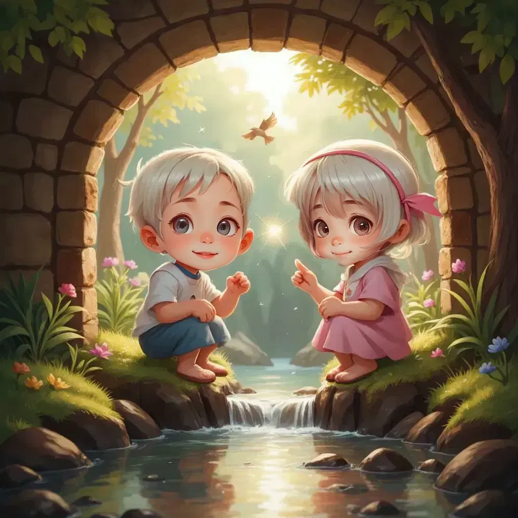 Isaac and Zoe under the stone bridge, surrounded by sparkling air, exchanging joyful smiles