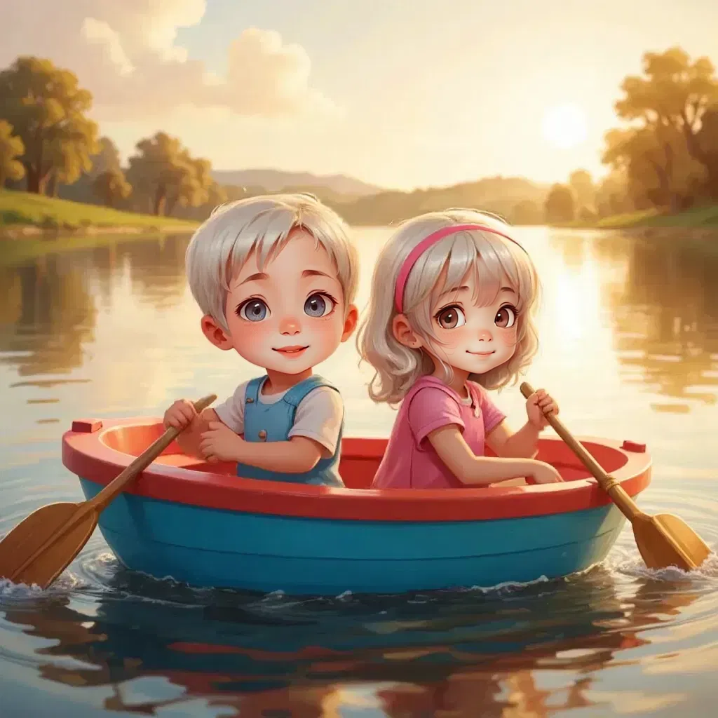 Isaac and Zoe laughing in the paddle boat, dipping oars into the shimmering lake,  in a bright blue and red paddle boat on a sparkling lake under a setting sun