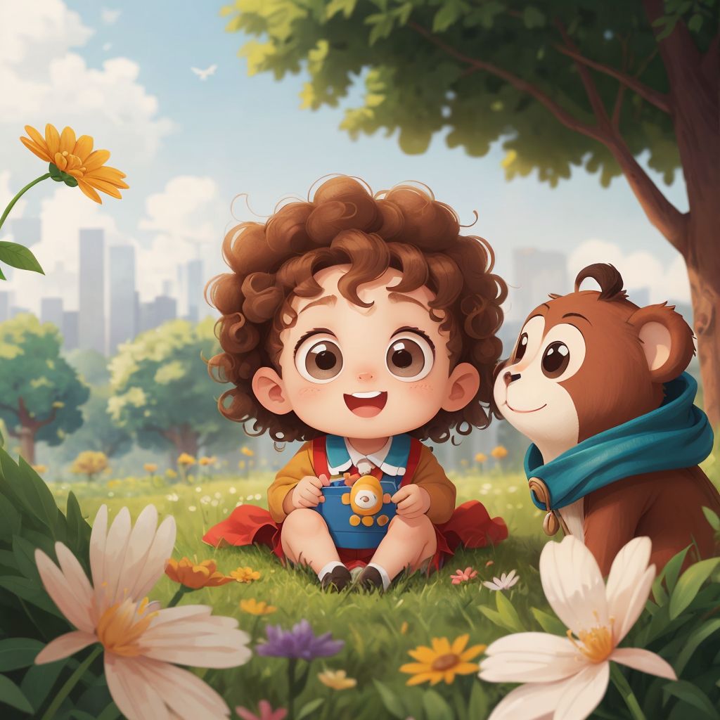 A Boy with curly hair and a well-loved stuffed Monkey with button eyes stepping into a sunlit field, surrounded by flowers and trees.