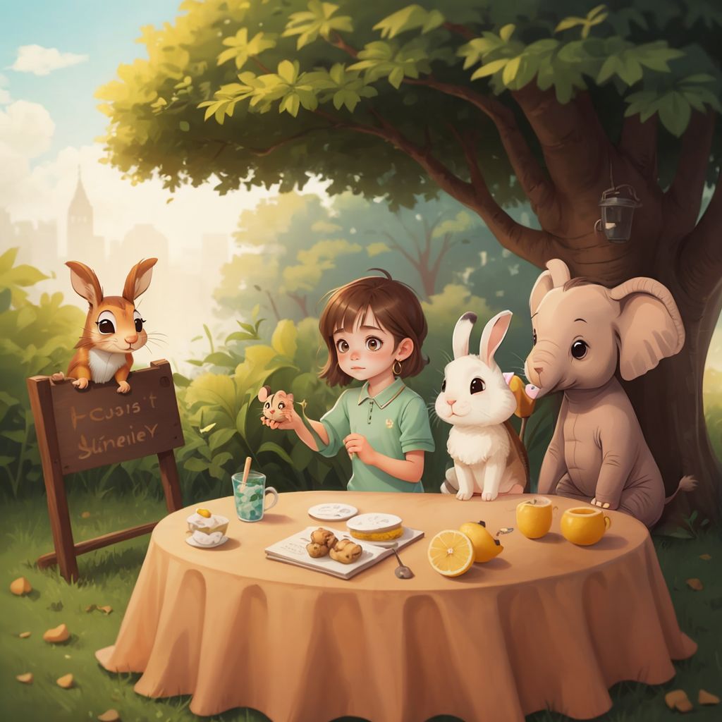 Sunny the Squirrel drizzling honey, Milo the Mouse holding mint, Bella the Bunny with lemons, and Eli the Elephant with water, surrounding Lila at the lemonade stand.