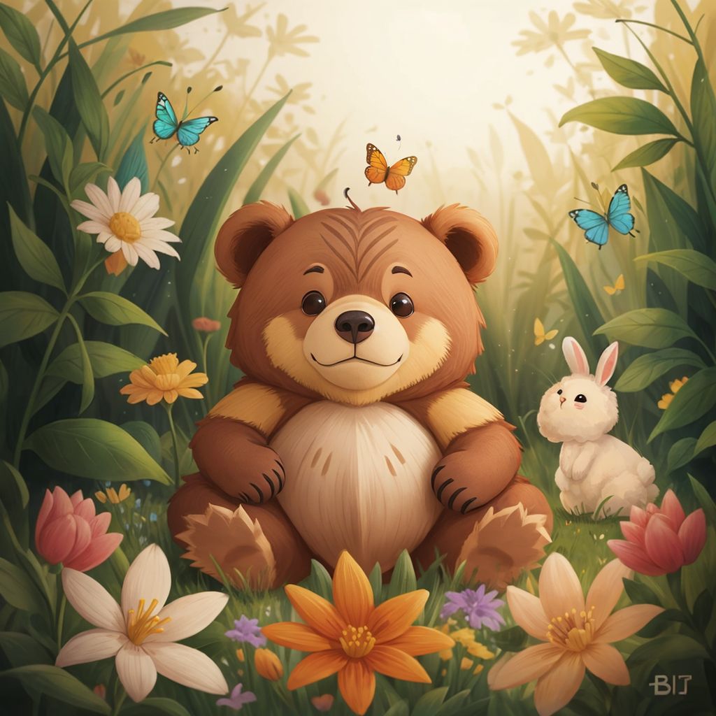 Kuschi in a colorful meadow full of flowers, meeting a white fluffy rabbit surrounded by butterflies