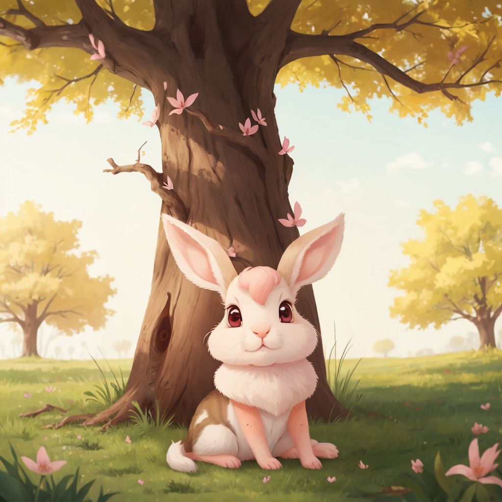 Bonnie Bunny sitting under the old oak tree, reflecting on her adventures with a content smile.