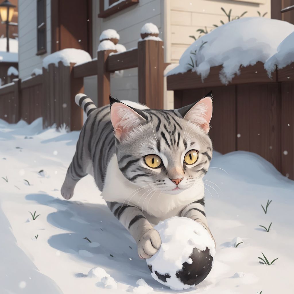 Cheli the cat pouncing on a snowball in a snowy yard.