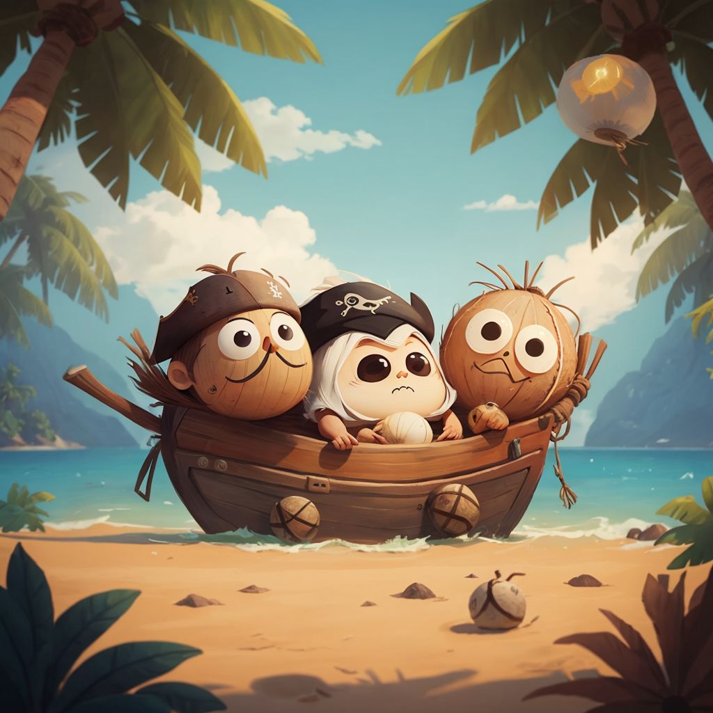 Coco, Pokey, and Fuzzy on a small boat with pirate hats, sailing on a calm sea under a bright sun.