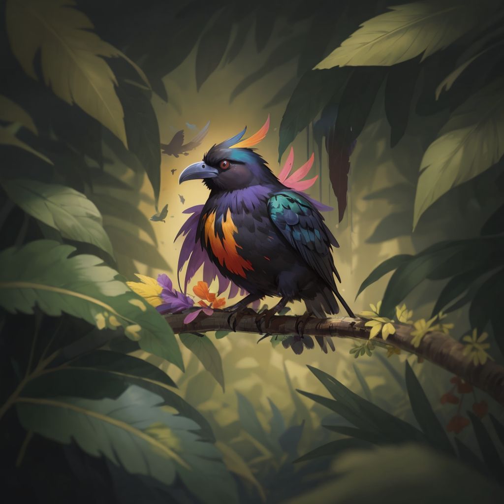 THE MULTICOLORED RAVEN with red, blue, green, yellow, and purple feathers perched on a branch in a lush green forest