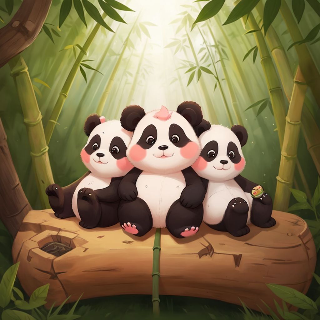 Polly Panda fluffy, chubby, pink heart-shaped nose, sister fluffy, chubby, brother fluffy, chubby, sitting on the forest floor surrounded by bamboo