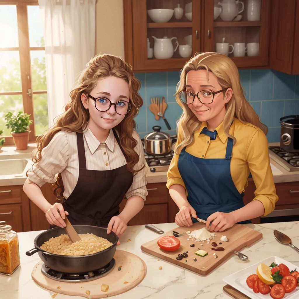 Mamou and maman cooking together in a kitchen, with joyful expressions and ingredients scattered around