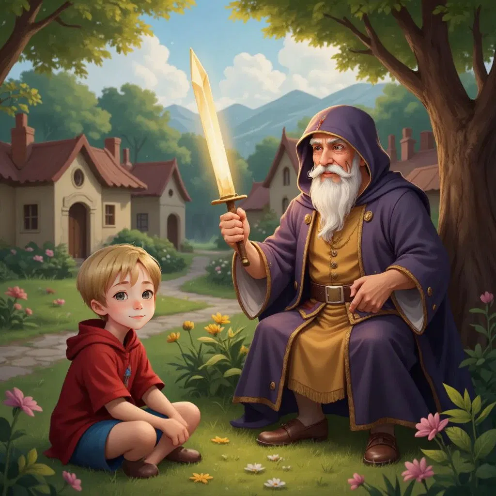 Marwan sitting cross-legged on the ground, listening intently to an old storyteller with a long white beard and traditional robes. A mystical-looking sword glowing in the storyteller's hands. A small village with traditional houses in the background.