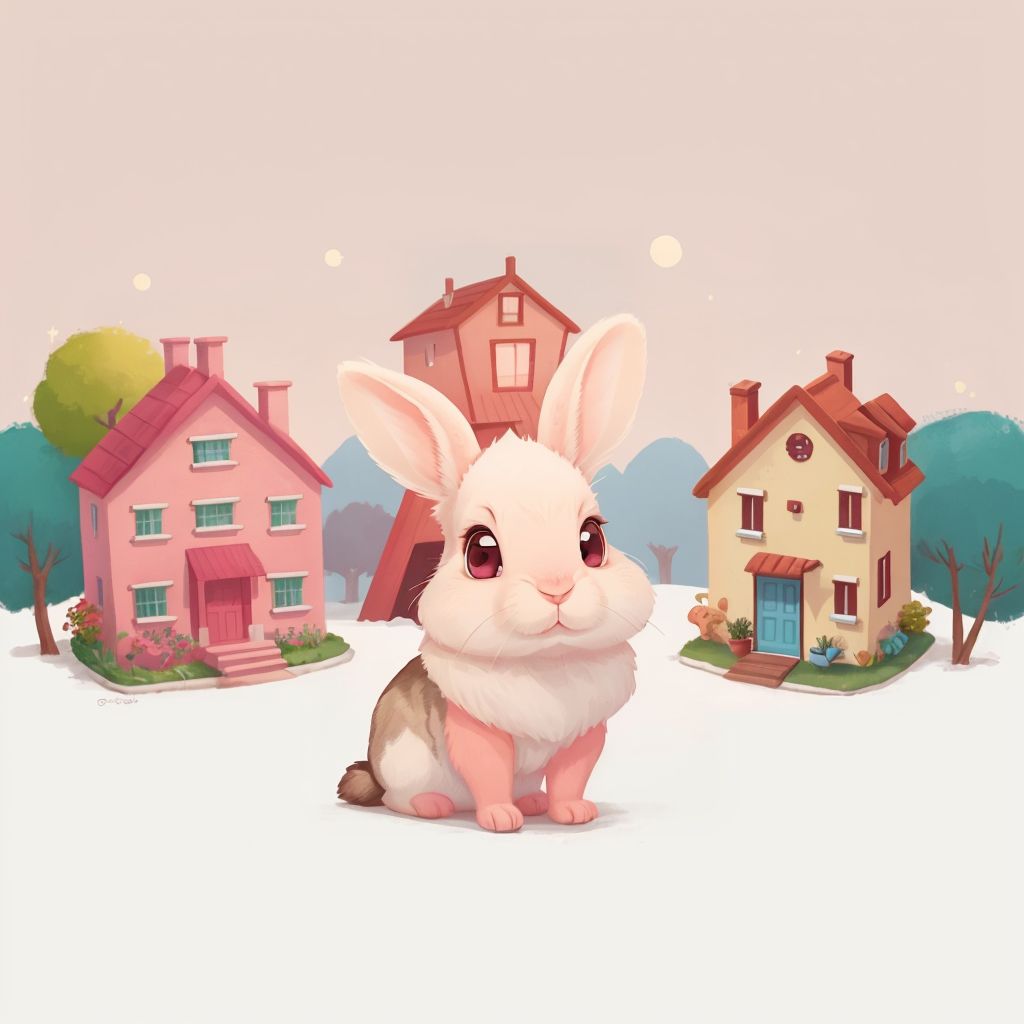 Bonnie Bunny exploring a colorful village, with vibrant houses and skies, looking amazed.