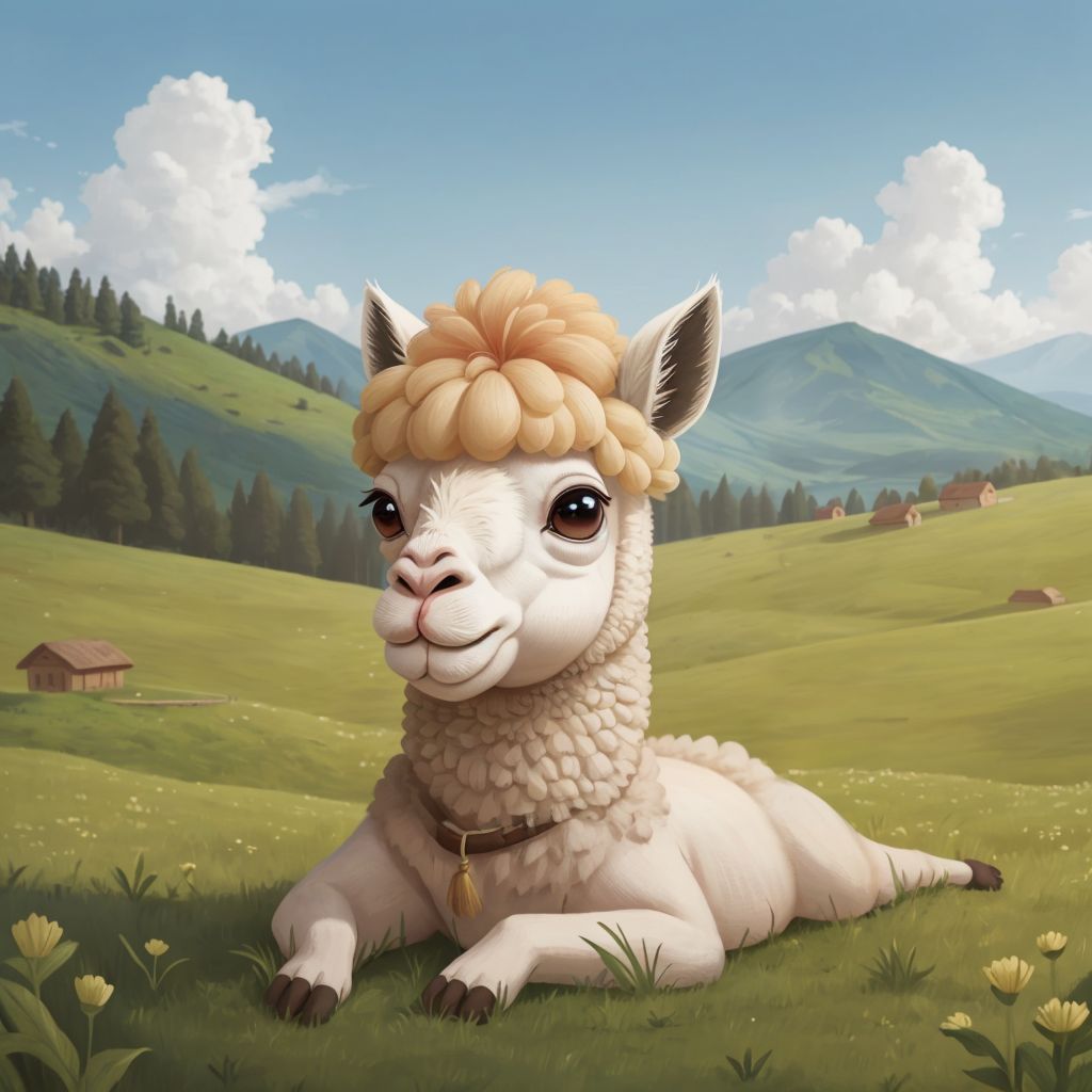 Annie, a young alpaca with big worried eyes, in a peaceful meadow surrounded by rolling hills, nibbling on fresh grass.