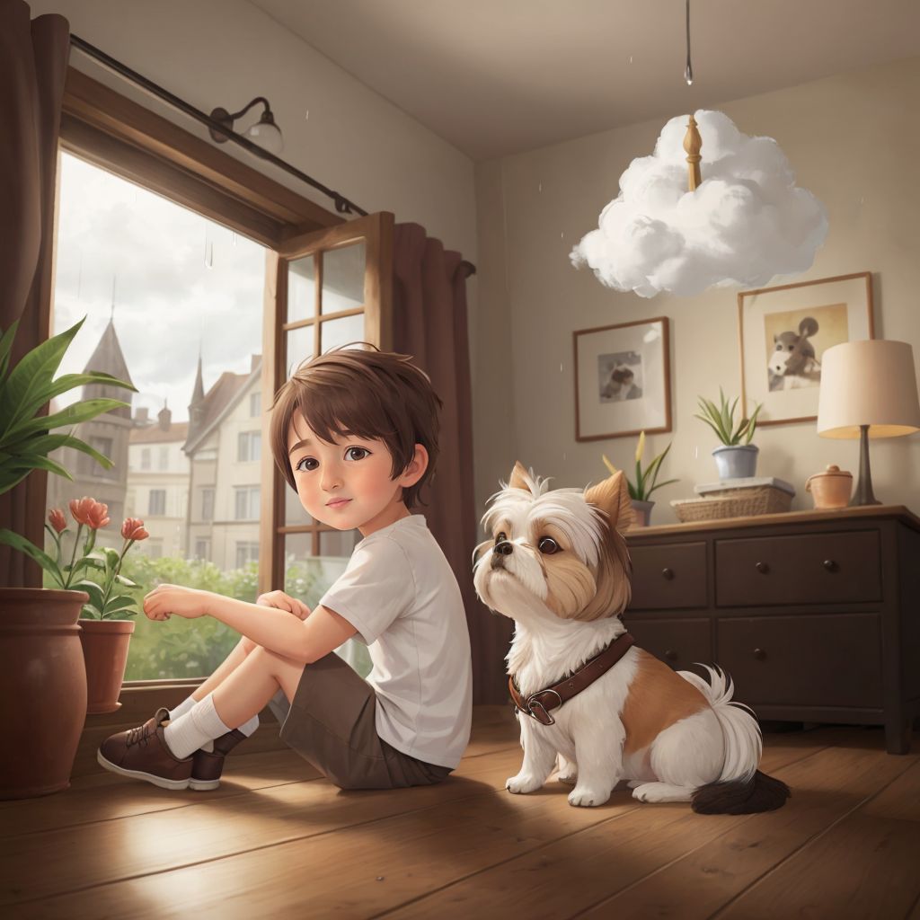 Albi sitting by a window with raindrops on the glass, looking sad. Winston, a dog with white and light brown patches, snuggled next to him. Nimbus, a fluffy cloud with a warm smile, floating nearby.