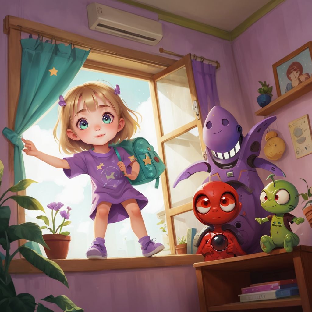 Aria in purple pajamas with a turquoise sequin backpack, looking out her window at a spaceship in her backyard. Pip, a red alien with three eyes, and Zog, a green alien with a single antenna, standing by the spaceship.