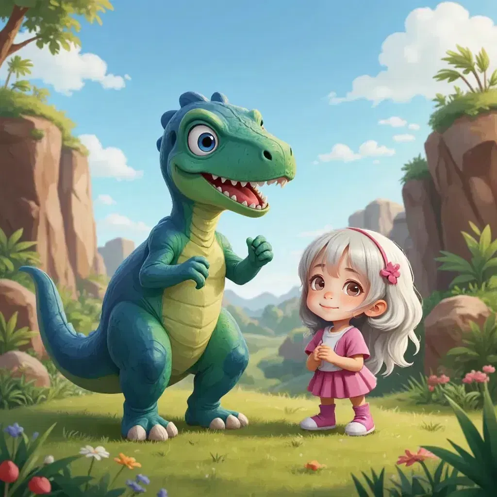 Freddie, the dinosaur with a blue and green body and large mouth, smiling warmly at Isaac and Zoe