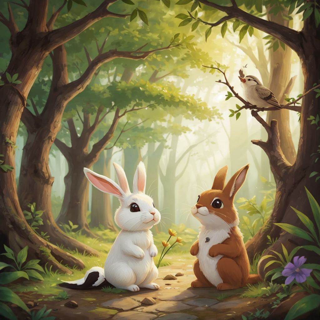 Luna the bunny and a friendly squirrel named Sammy, sitting together on a forest path, surrounded by lush greenery. A singing bird perched on a branch nearby.