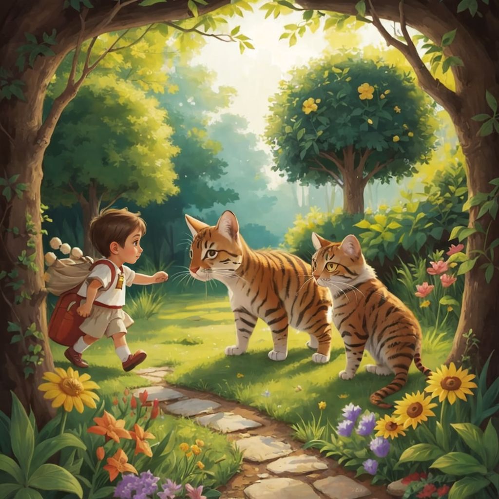 Rose, the dotted cat, following children in a garden during a treasure hunt