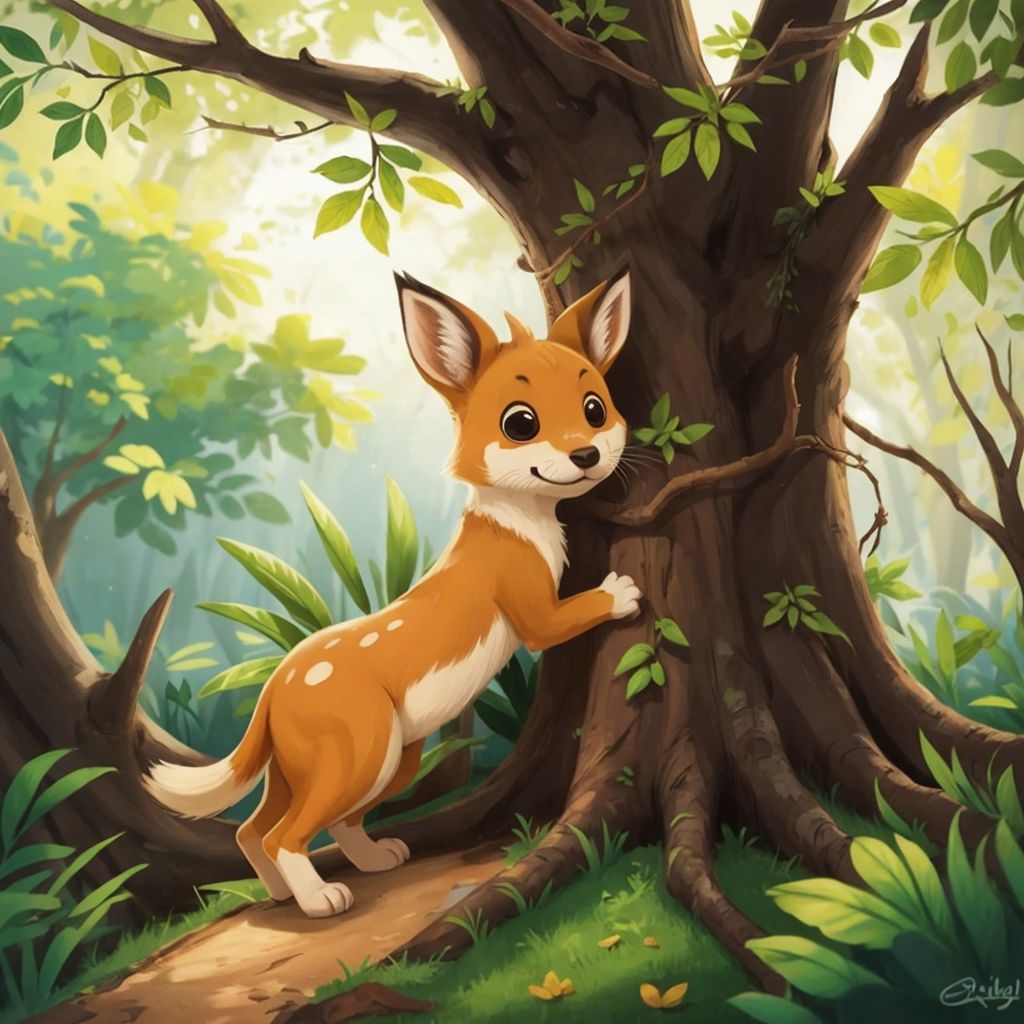 Kancil sneaking into a tree hideout while Mousedeer waits anxiously outside, watching from behind a tree trunk