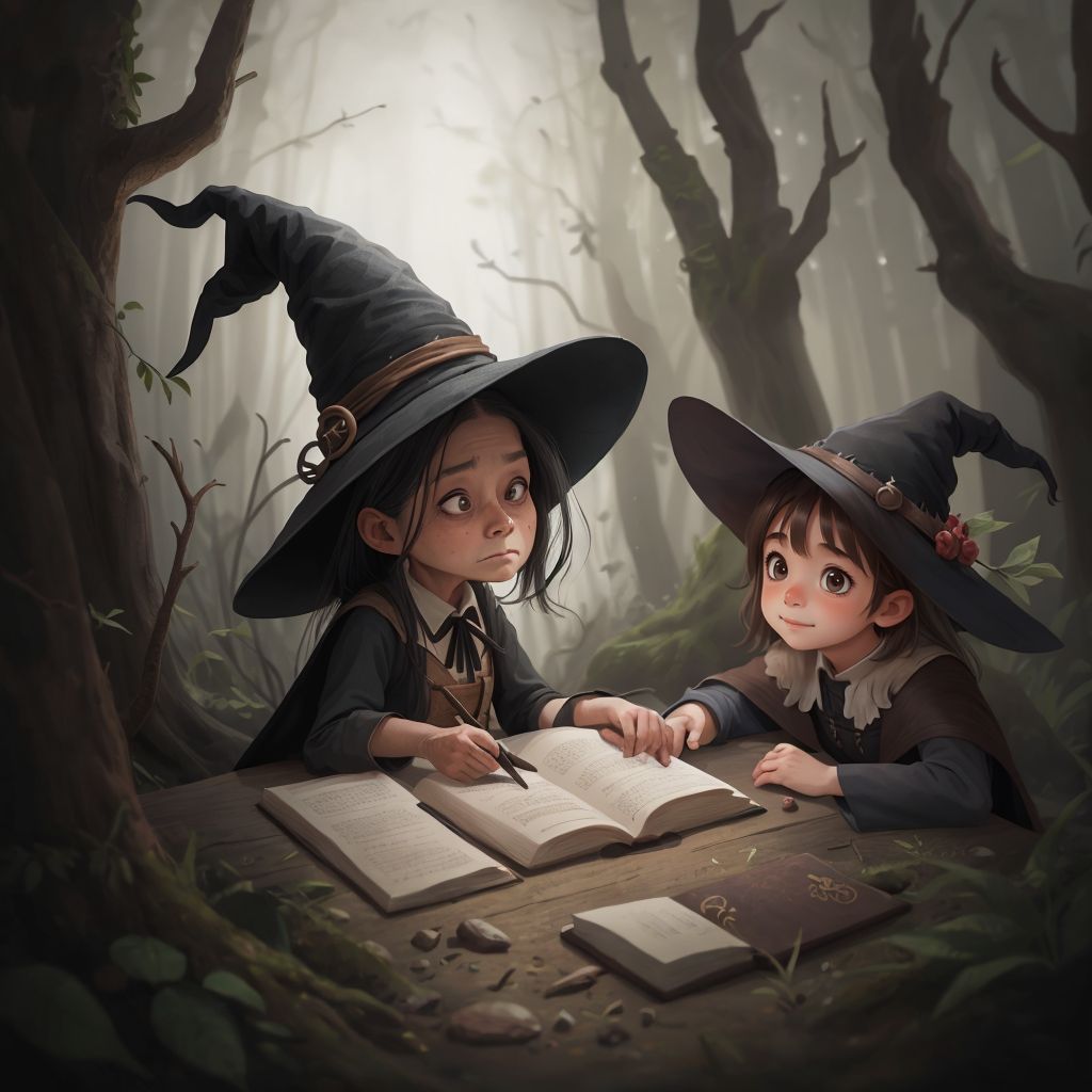 An old witch with long grey hair, wearing a crooked black hat and flowing black cape, smiling kindly at Claire who looks relieved. A magical forest setting surrounds them