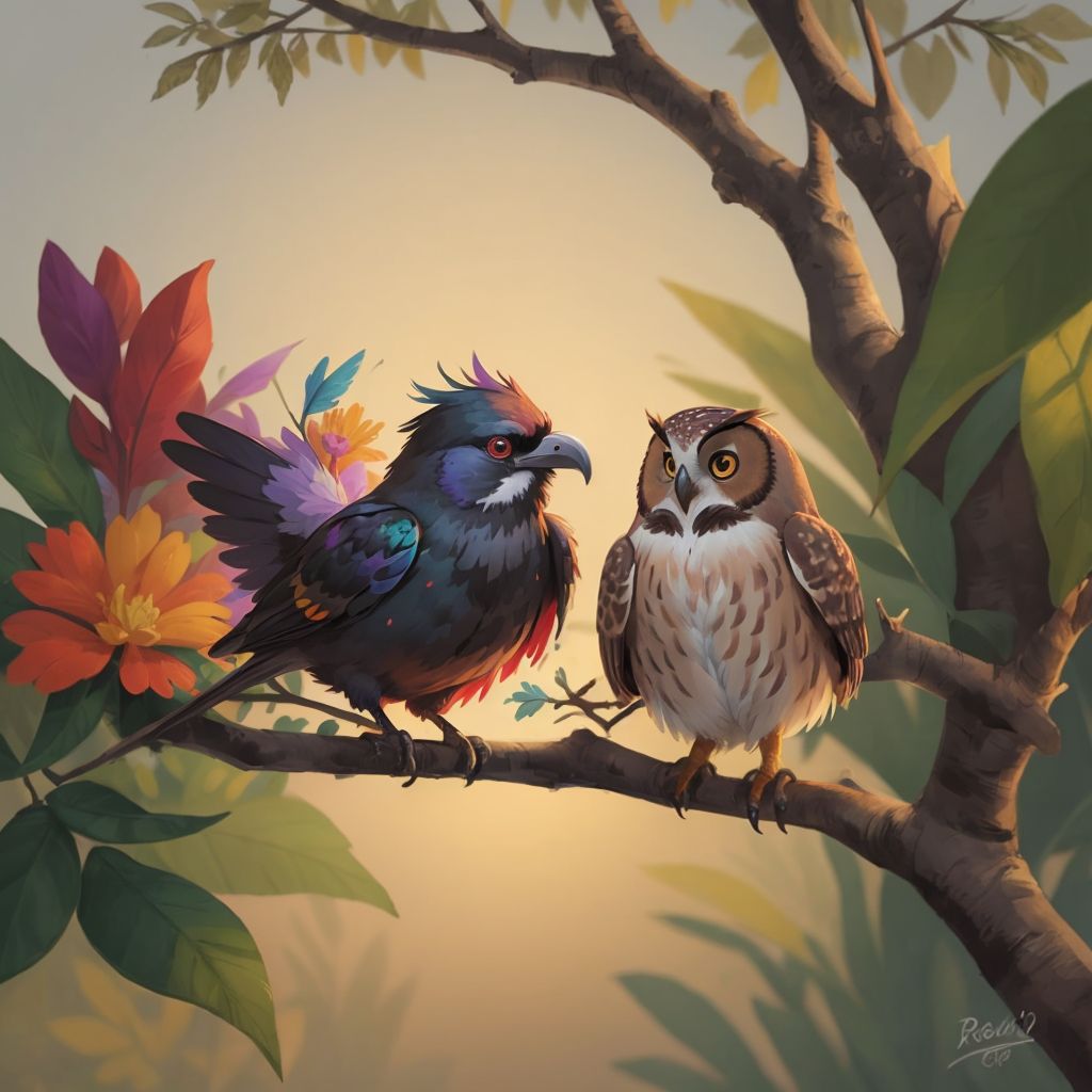 THE MULTICOLORED RAVEN and the wise old brown owl with spectacles sitting together on a branch during sunset, sharing stories.