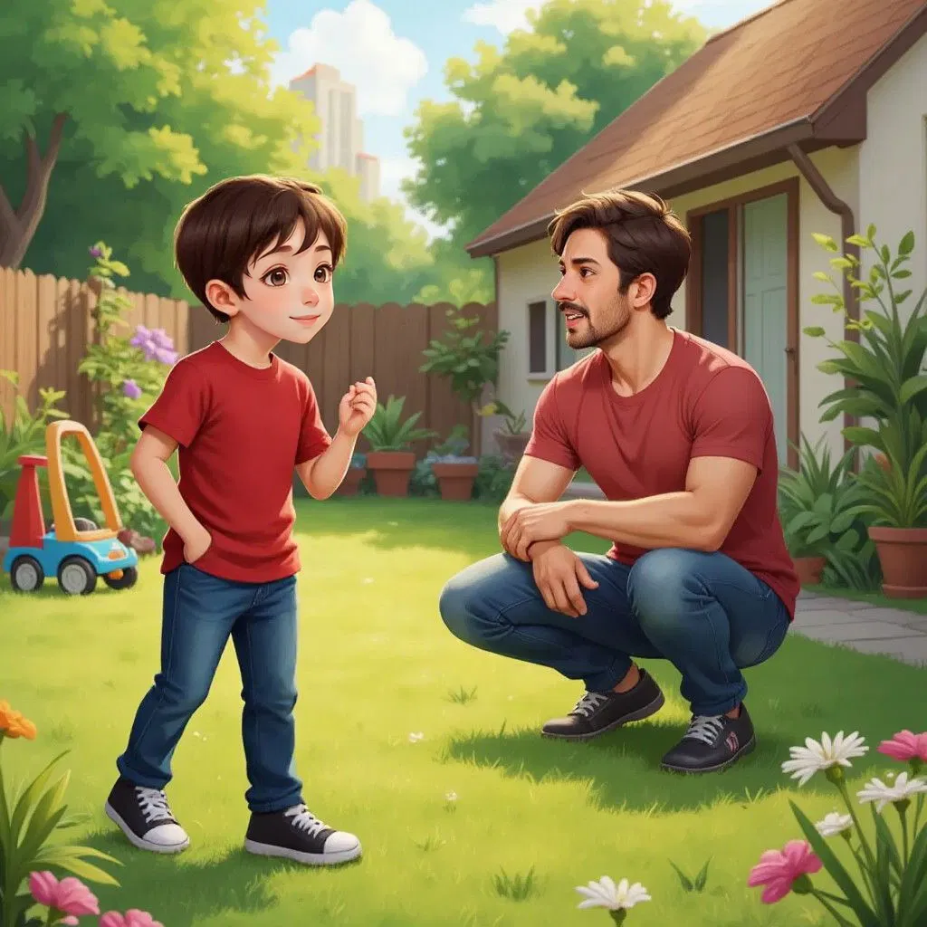 Logan with bright eyes and a wide smile, talking with his parents in a sunny backyard