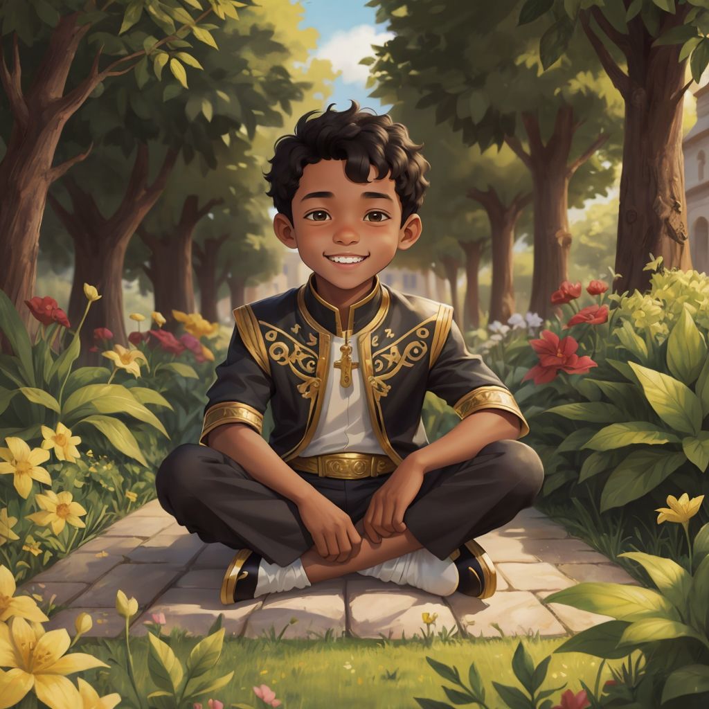 Prince Kofi sitting cross-legged, meditating with a serene expression, in a peaceful garden setting.