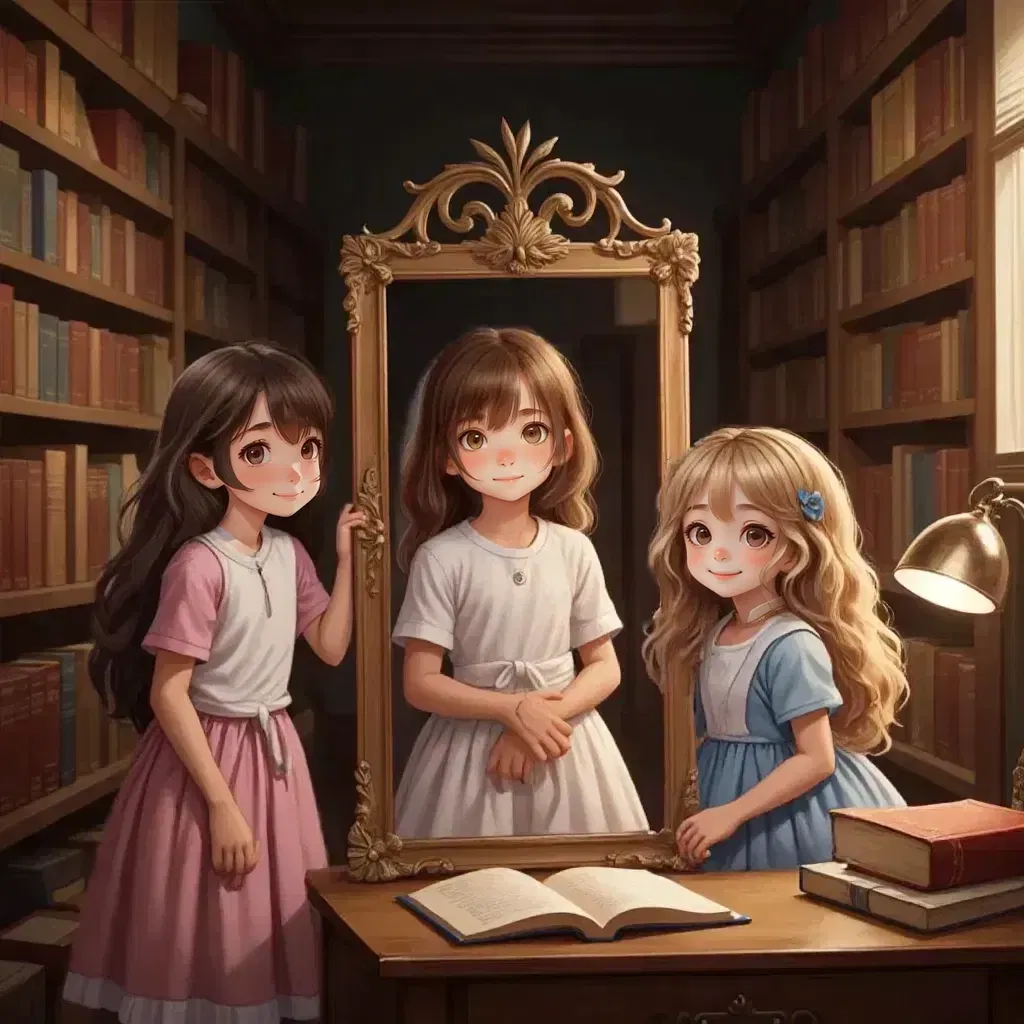 Reign, Lillie, and Jane standing in front of an old mirror in a library, their reflections showing bravery, warmth, and cheerfulness