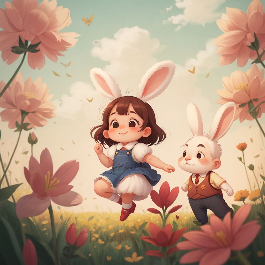 Bella twirling happily in a meadow filled with dancing flowers, Papa bunny watching with a smile