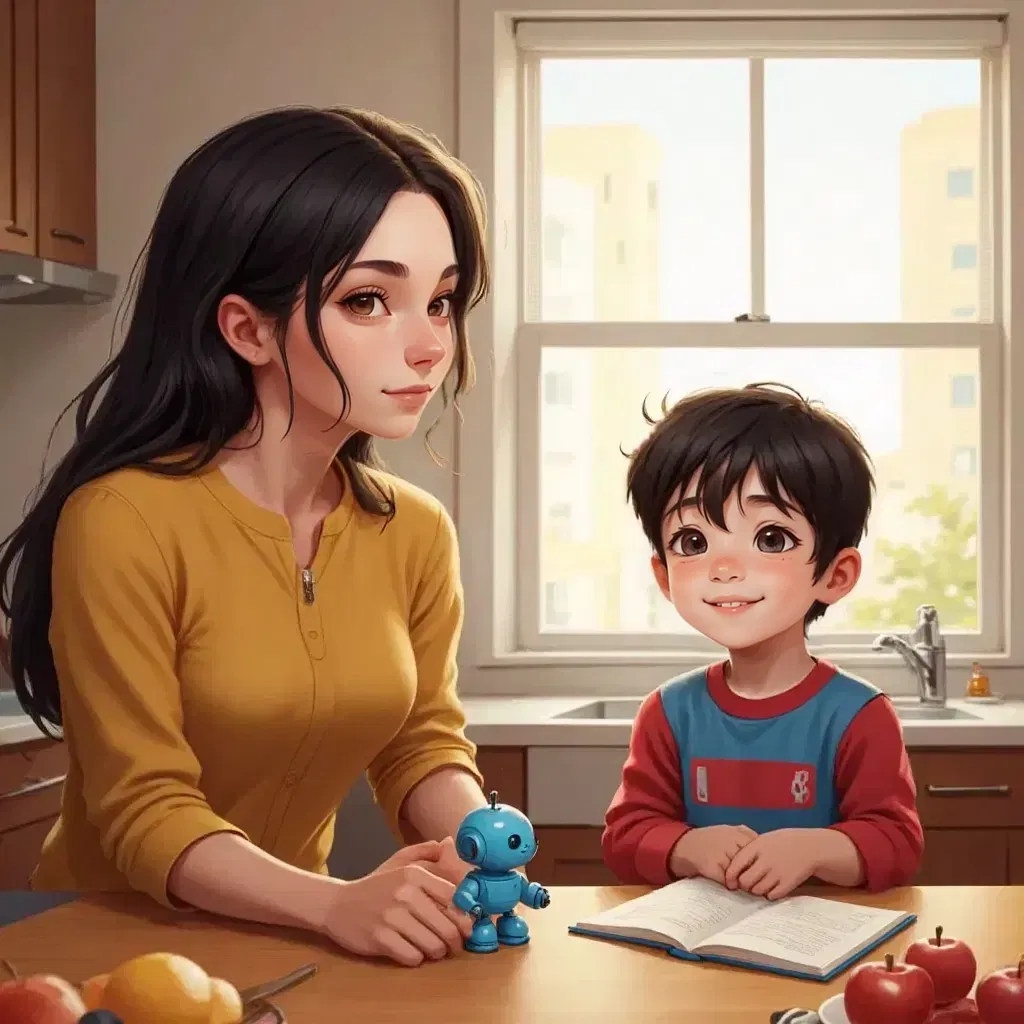 Mother leaning on the kitchen counter explaining to an attentive Zach, who has a dreamy expression imagining a small blue robot doing homework on a desk