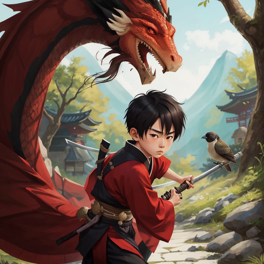 Kaïto freeing a trapped bird with a beautiful, kind dragon smiling.