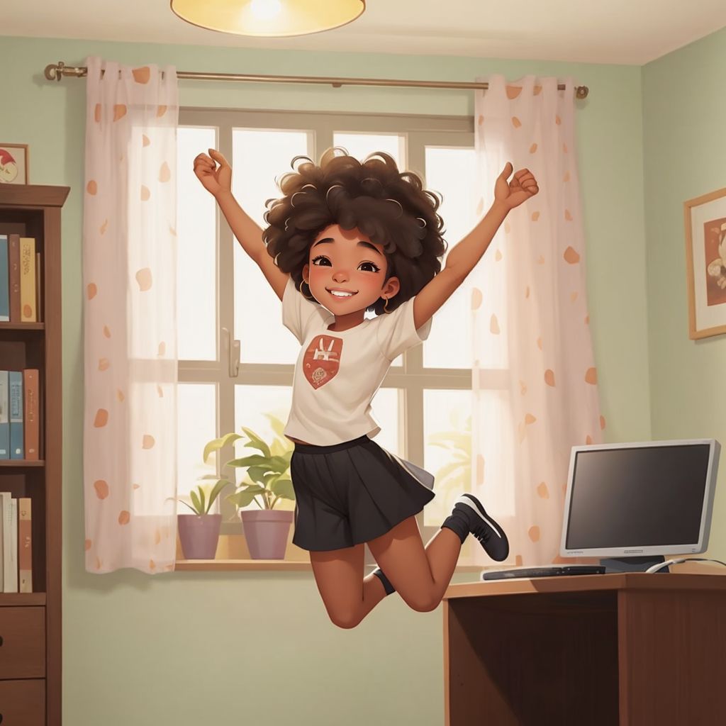 Charlotte jumping with joy, her arms raised in triumph,  a computer on the desk in the background