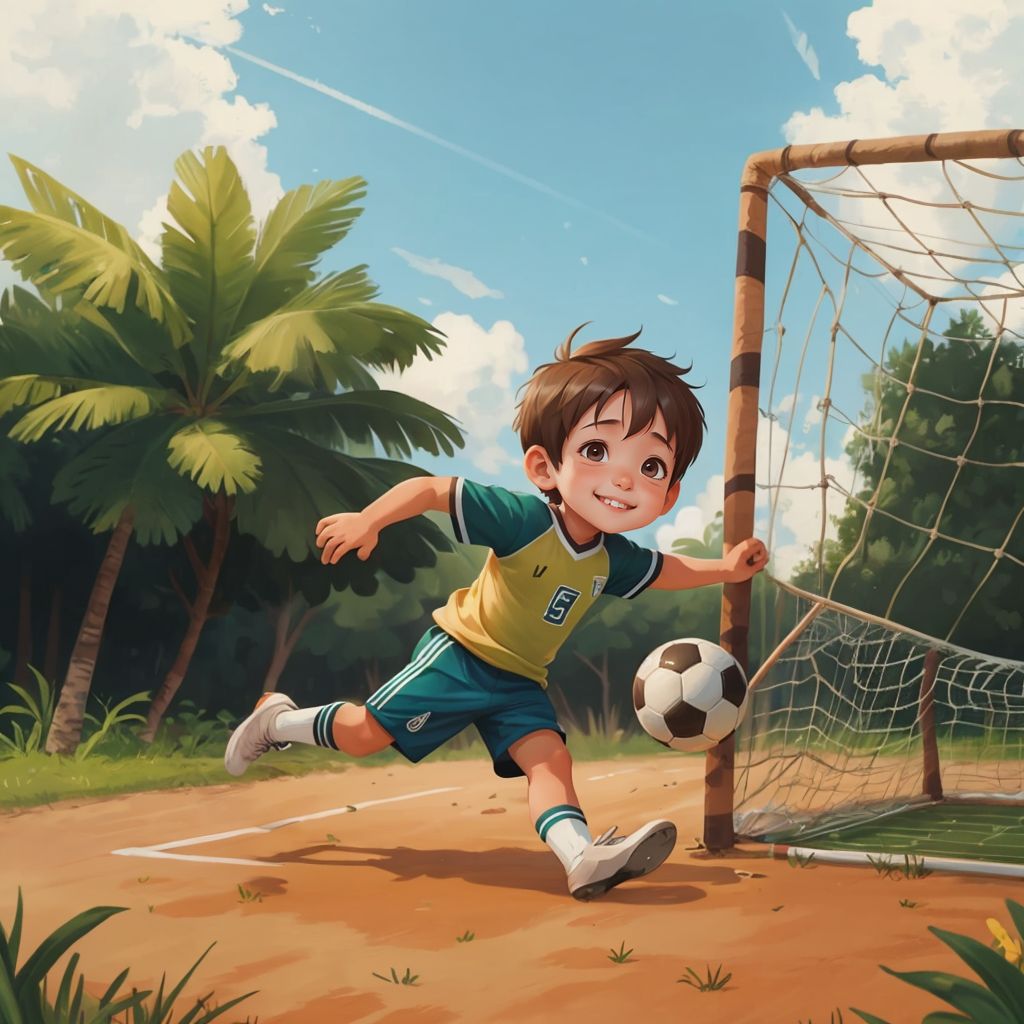 Osh kicking a soccer ball into a net with joy on his face, with a bright green soccer field in the background.