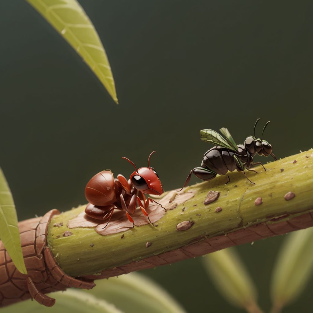 Andy the ant carrying a crumb, looking at a carefree grasshopper playing nearby