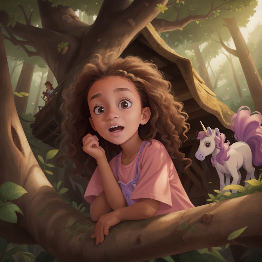 Annie light skinned biracial girl with curly hair has a scared face after seeing a scary unicorn in the treehouse