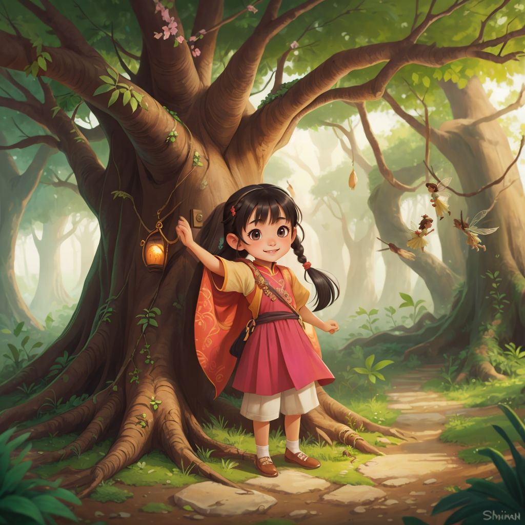 Meera stepping out of the shimmering door of Baniyan, with a sunset in the background, fairies waving goodbye