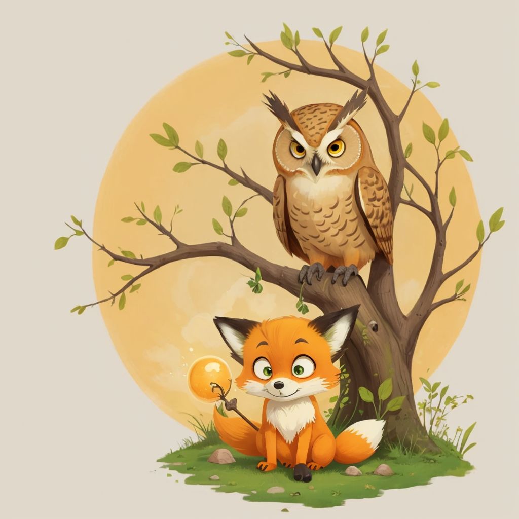 Wise old Owl perched on a branch, looking down at Little Fox who is sitting on the ground