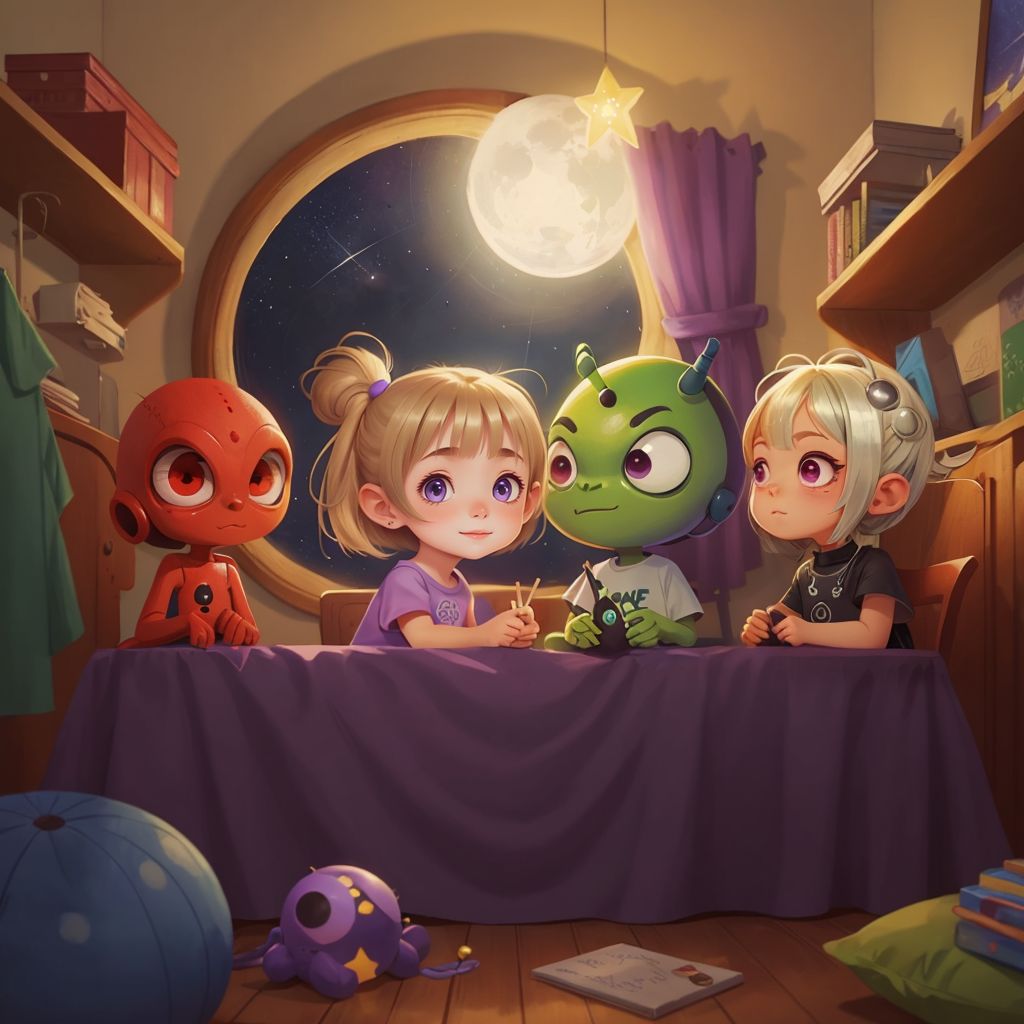 Aria inside the spaceship with Pip and Zog, looking out the window at the stars. The moon is visible in the distance, with Moon School's glowing lights in a crater. Mella, a cute girl alien with six eyes and rainbow hair in a silver dress, greeting Aria.