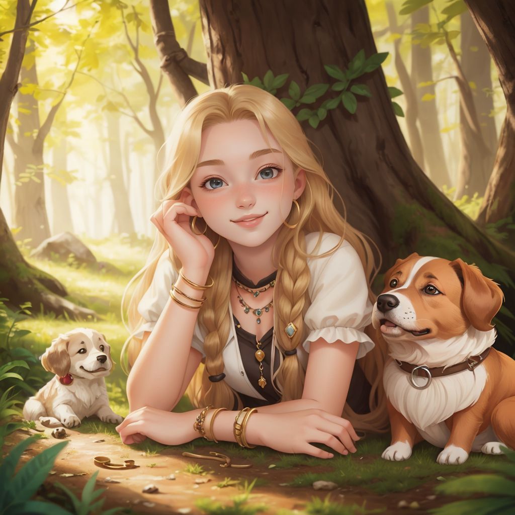 Sarah smiling with Buzzie Too, a brown and white terrier, in a sunny forest clearing