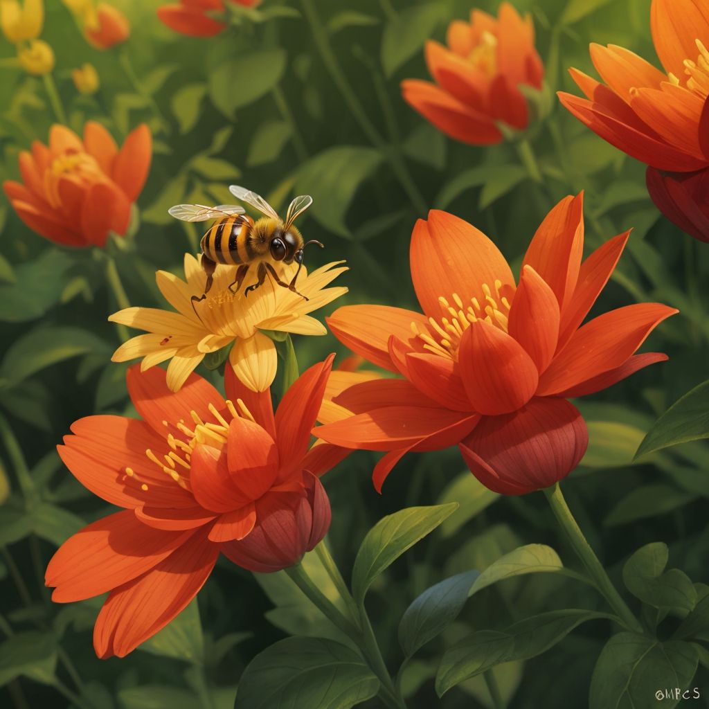 Honrybee collecting pollen from a bright red flower. A flourishing garden with various blooming flowers in the background