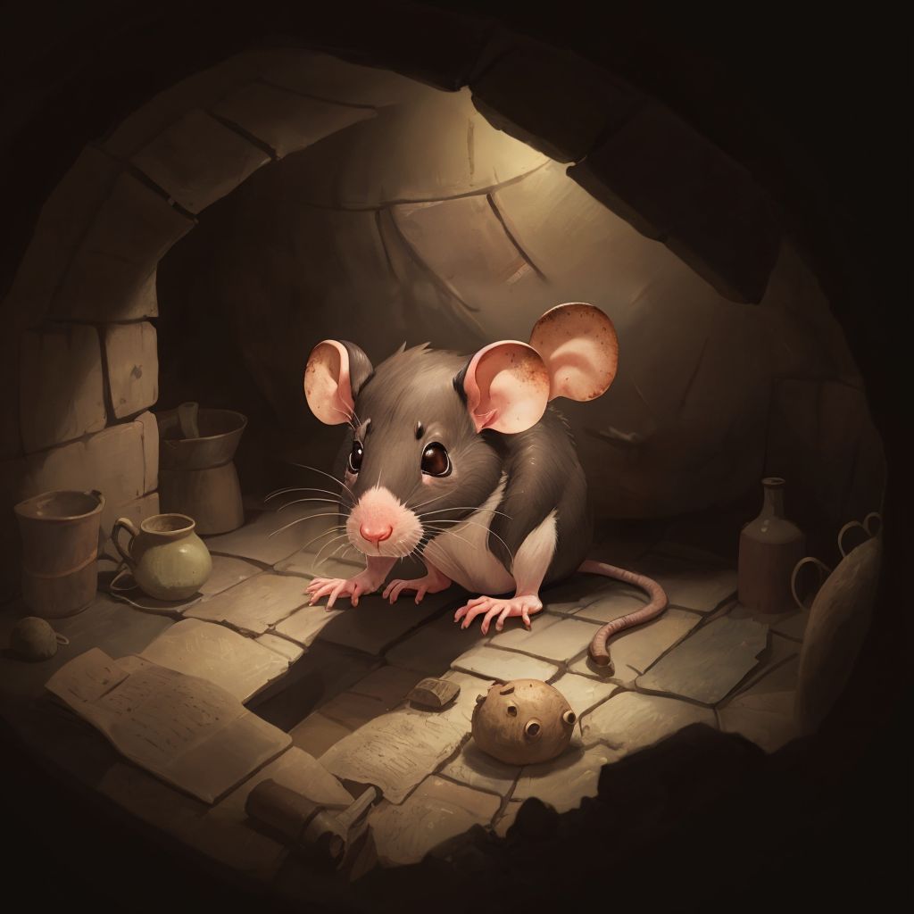 A sad-looking Rubber the Rat sitting alone inside his burrow, shadows and warm lighting creating a melancholic atmosphere