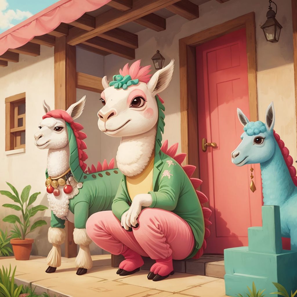 Donna in her pink iguana-printed pajamas looking thoughtful, while two other well-dressed llamas stand at her doorway with playground equipment
