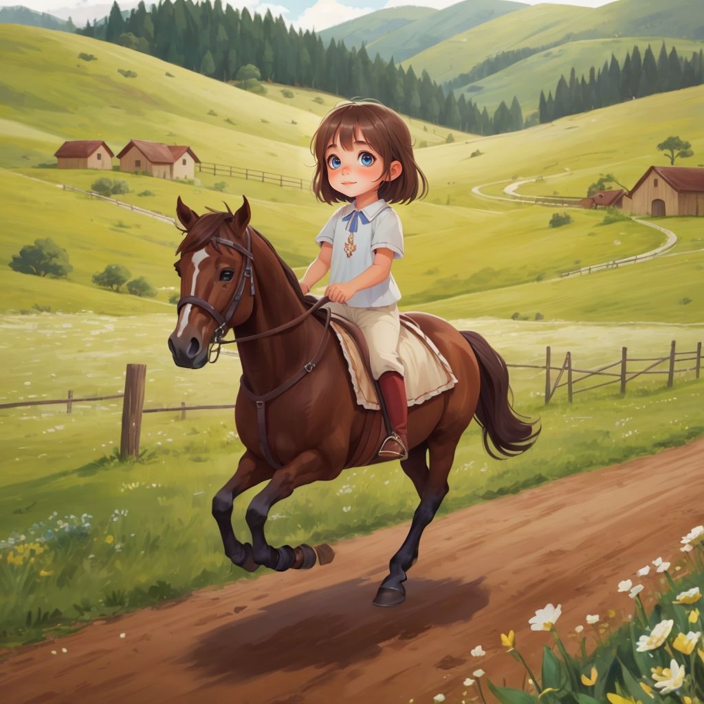 BESA riding a horse with a big smile on her face, with a ranch visible in the background