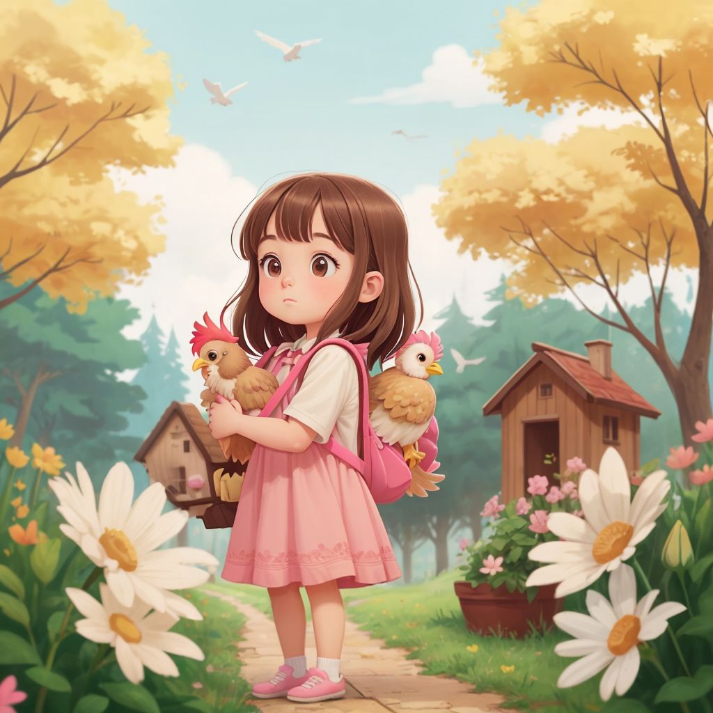 Rosie standing in a sunny park, looking at a small chicken house hidden among tall trees and colorful flowers.