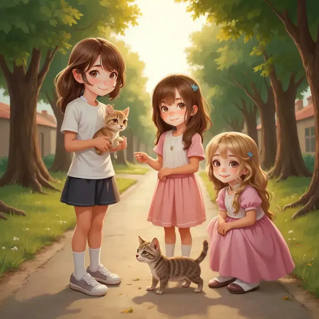 Reign, Lillie, and Jane surrounded by a warm glow, helping a lost kitten find its way home