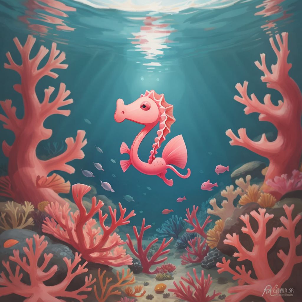 Lily, a seahorse with a pink bow, swimming through coral reefs